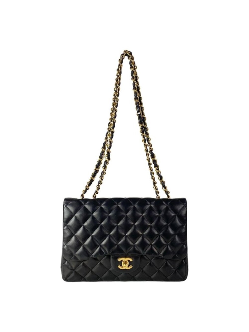 Chanel Shoulder Bag Maxi Quilted Black Chain Gold Lambskin